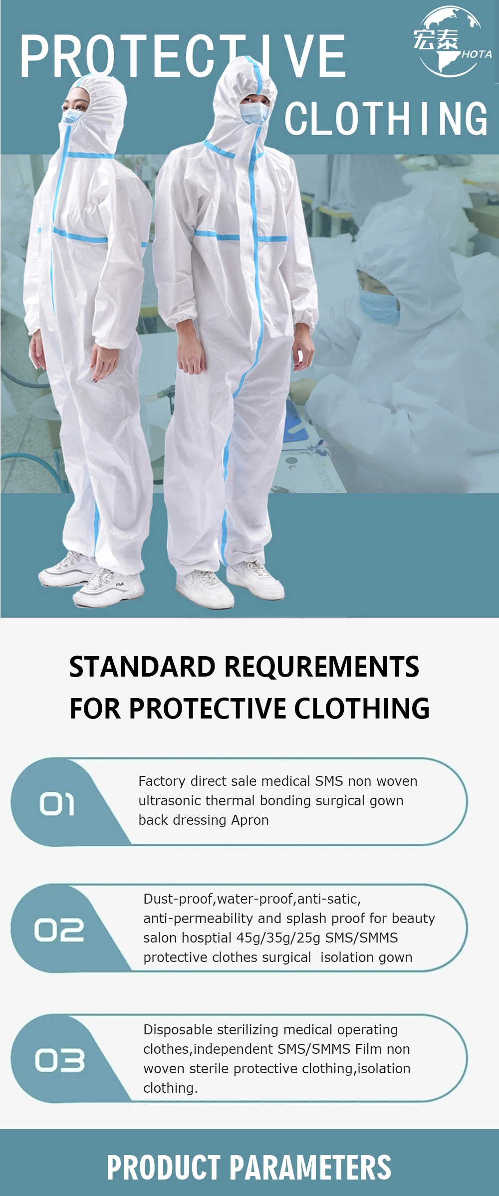 Durable Safety Clothing Disposable Medical Coverall Isolation Clothing Suit